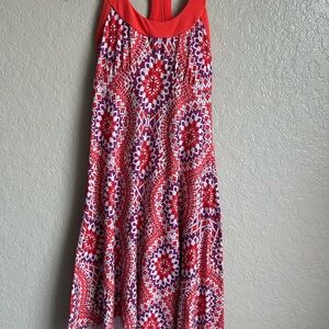 prAna XS Red Orange Pink Geometric Racerback Athletic Dress Yoga Travel Sundress